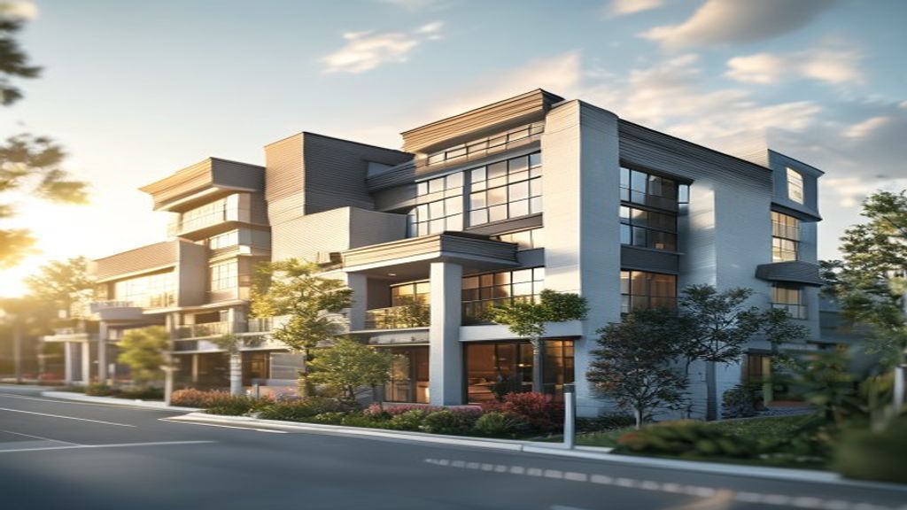 A modern office building displayed in a commercial real estate listings portal highlighting available spaces.