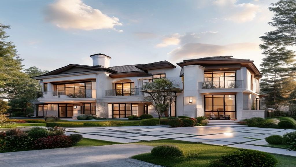 Elegant luxury home with modern architecture, floor-to-ceiling windows, and manicured gardens.