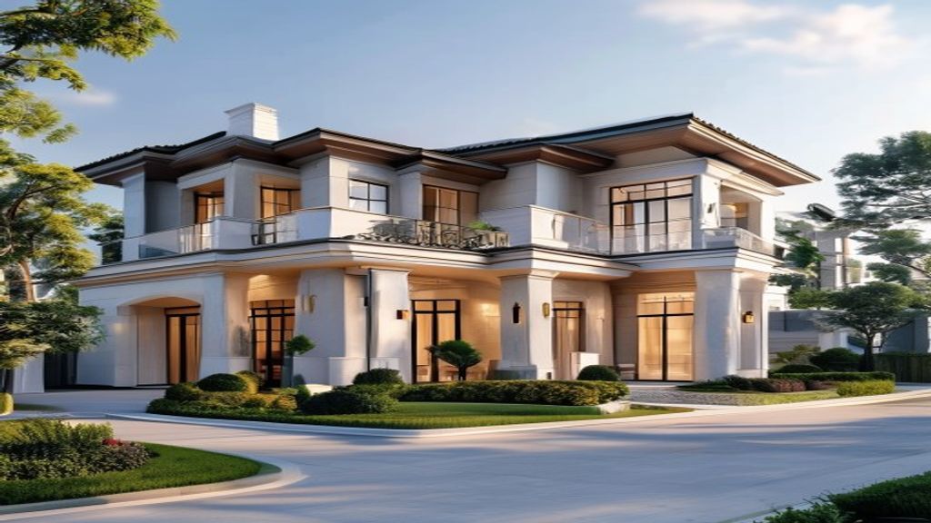Luxury real estate for sale: stunning modern mansion with panoramic city views and elegant landscaping.