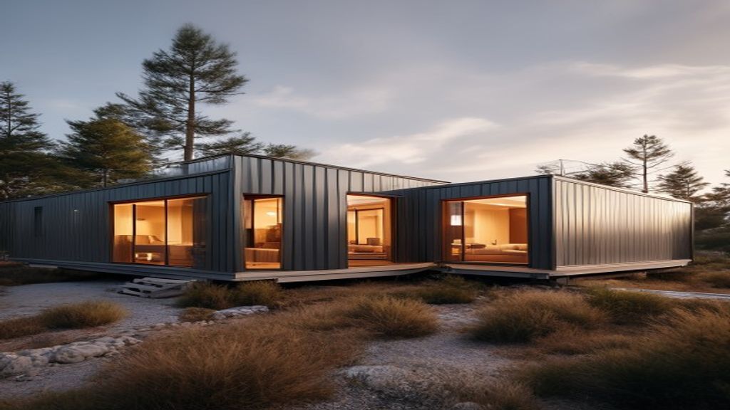 Modern modular cabins stacked on a forest site, showcasing sustainable prefabricated living spaces.