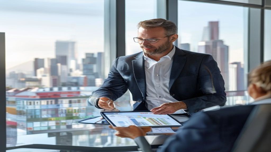 Professional real estate agent showing modern property to happy clients in well-lit office
